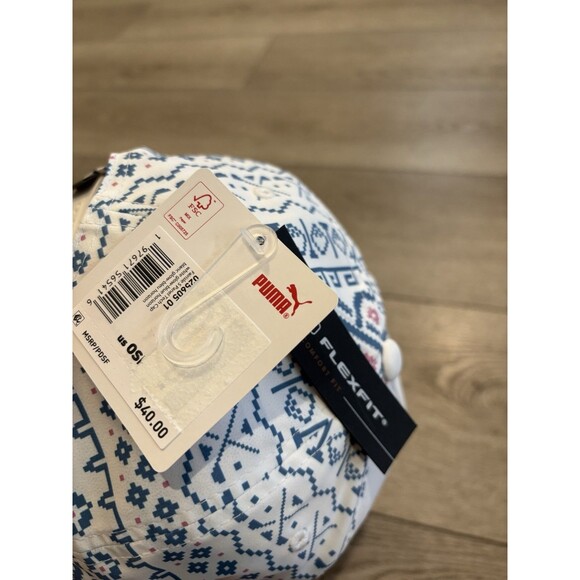 PUMA Men's 5-Panel Tech Snapback Golf Hat Cap White Glow Blue New Aztec Pattern - Picture 6 of 6